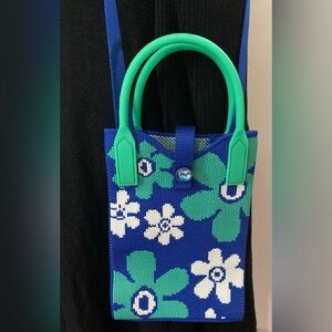Vintage-Inspired Retro Floral Woven Mini Tote Crossbody Bag - Blue Green White